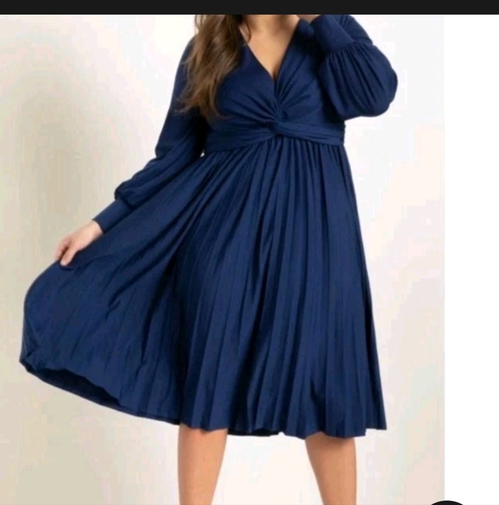ELOQUII Knot Front Pleated Skirt Dress Women’s Plus Size 20 Blue Long Sleeve NWT